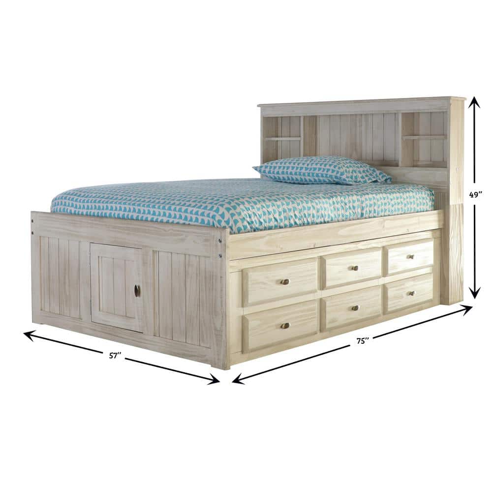 Light Ash Full Size Solid Pine Captain's Bed with Bookcase and Storage Drawers