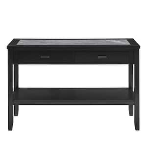 Garvine 47 in. Ebony Rectangle Wood Console Table with Stone Top and Storage Drawers