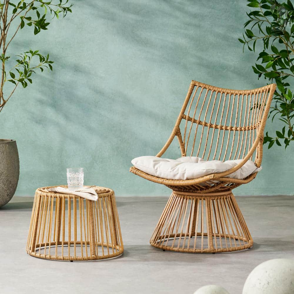 Light Brown Wicker Chair and Round Side Table Set with Weatherproof Cushion