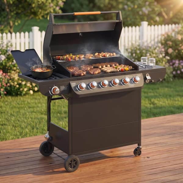6 Burner Black BBQ Propane Gas Grill with Side Burner 72000 BTU Output, Grill with Cast Iron Grates and Side Tables