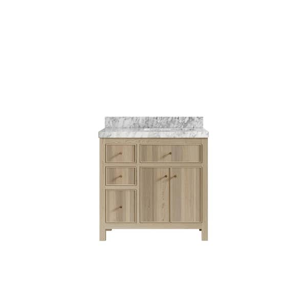 Willow Collections Sonoma Oak 36 in. W x 22 in. D x 36 in. H Right Offset Sink Bath Vanity in White Oak with 2 in. Carrara Marble Top