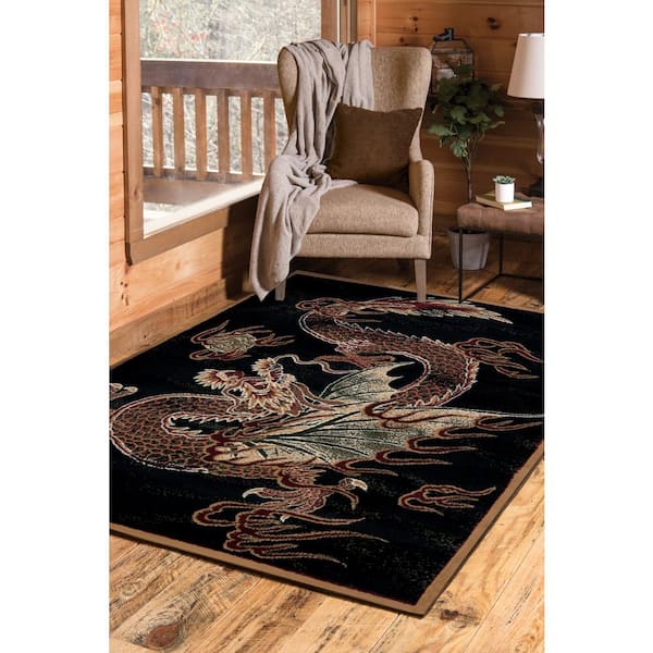 Dragon Luck Black/Beige 5 ft. x 7 ft. Area Rug
