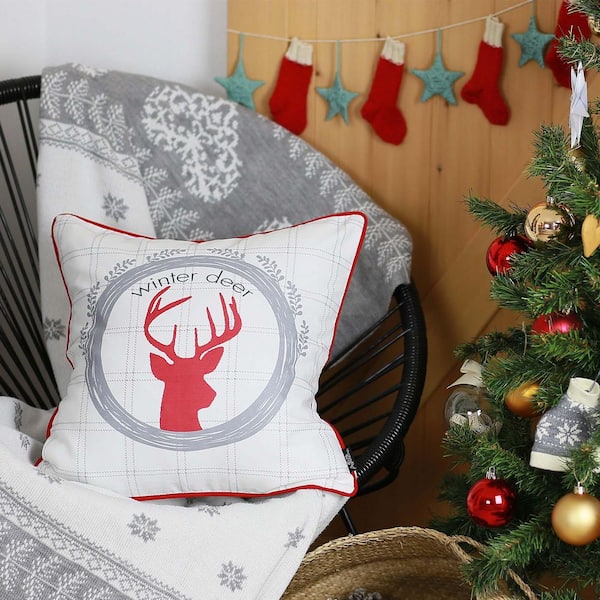 MIKE & Co. NEW YORK Decorative Christmas Deer Single Throw Pillow Cover 18 in. x 18 in. White and Red and Gray Square for Couch, Bedding