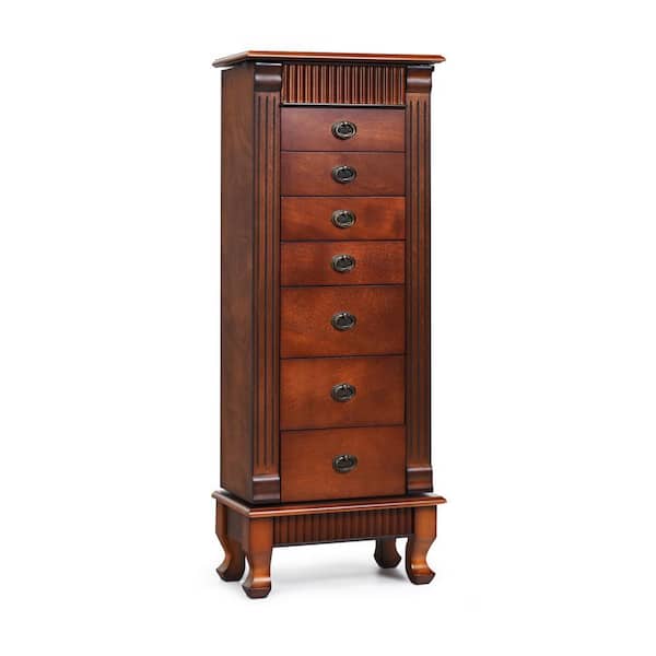 Brown Wooden Jewelry Armoire Cabinet Storage Chest with Drawers and Swing Doors