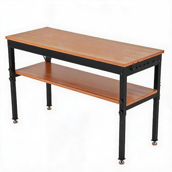 Solid Wood Workbench 60" Adjustable Height with Power Outlet & Lower Shelf, 2500 LBS Steel Garage Work Table in Black