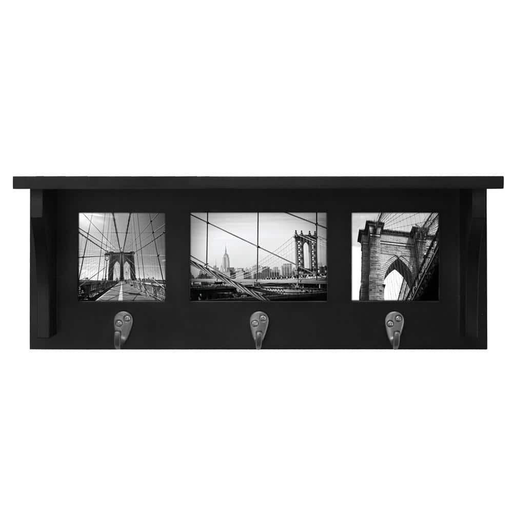 Black MDF Wall Shelf with Hooks and Photo Frames