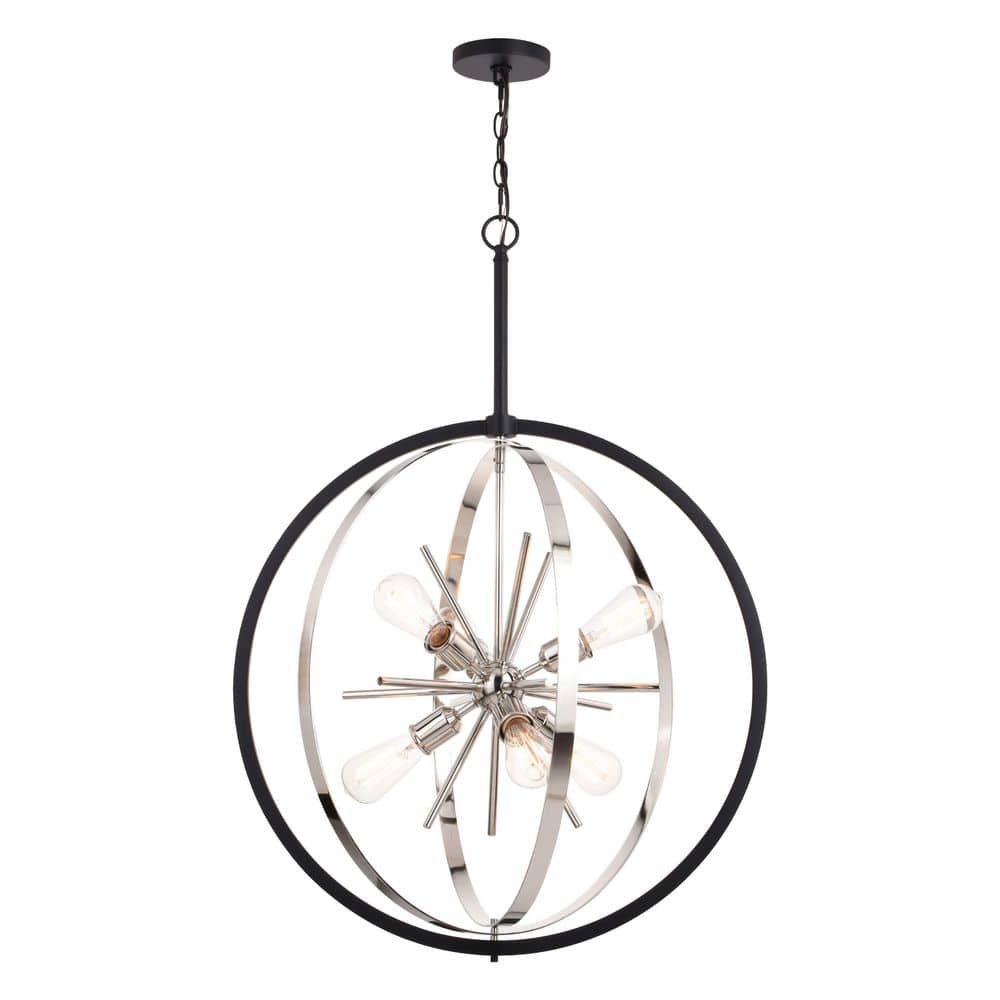 VAXCEL Estelle 26.75 in. Polished Nickel and Black Mid Century Modern 6-Light Globe Sputnik Hanging Ceiling Pendant Chandelier -  P0342