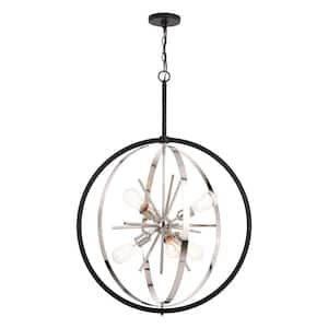 Estelle 26.75 in. Polished Nickel and Black Mid Century Modern 6-Light Globe Sputnik Hanging Ceiling Pendant Chandelier