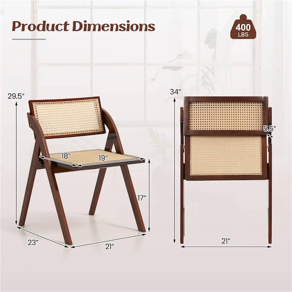 Brown Wood Foldable Dining Chairs Set of 2 with Woven Rattan Backrest & Seat Rubber Wood Frame
