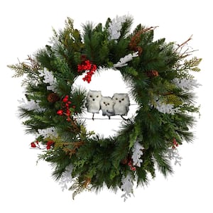 24 in. Holiday Winter Owl Family Pinecone Berry Artificial \Christmas Wreath