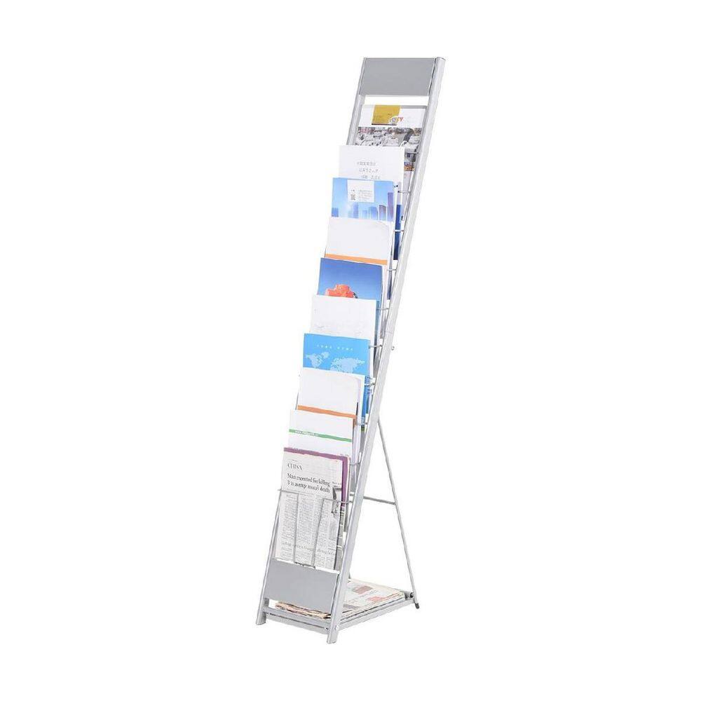 10 Layers Silver 10 in x 59 in Metal Floor Standing Magazine Rack ...