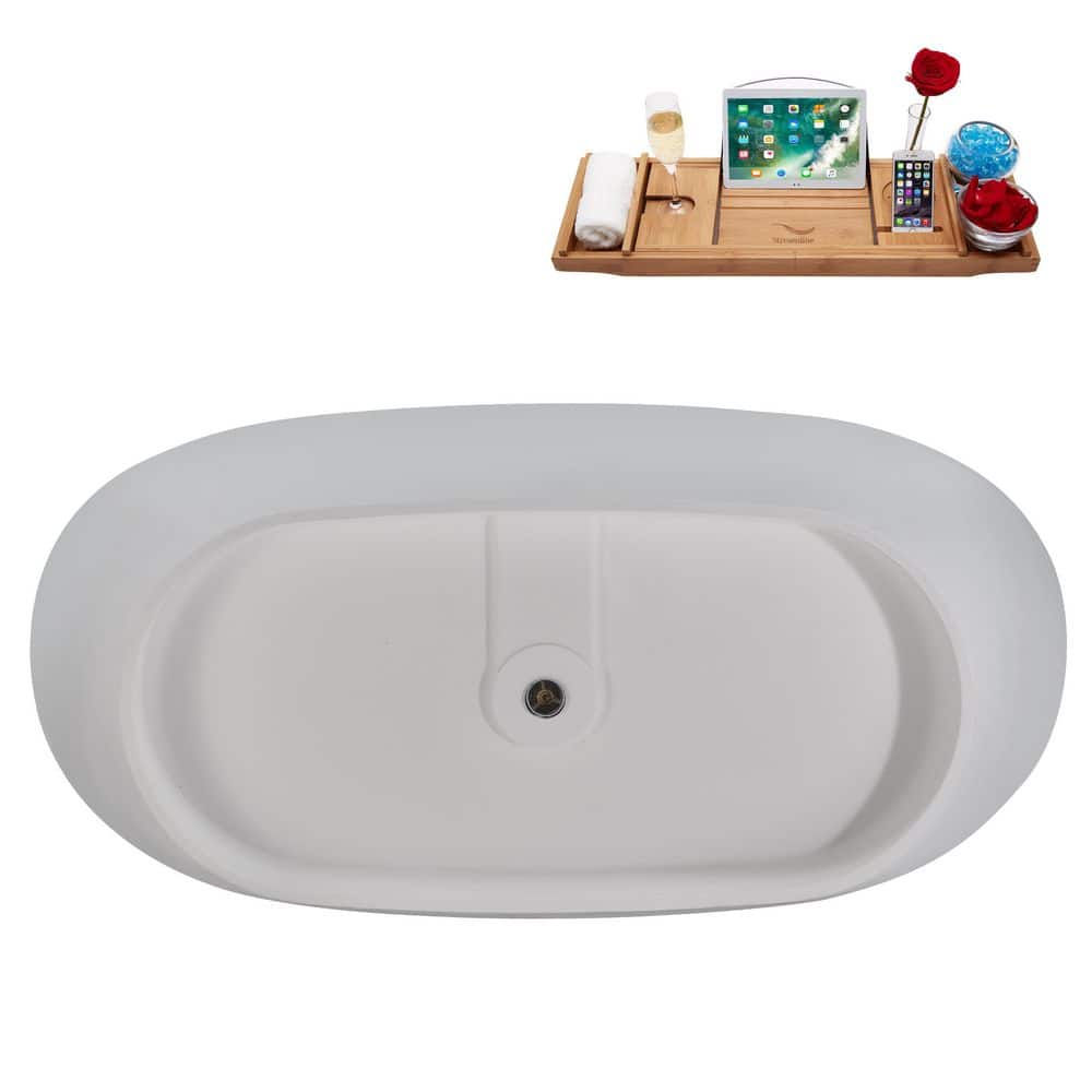 67" Matte White Stone Resin Freestanding Soaking Tub with Chrome Drain