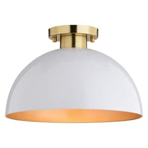 Devon 12.75 in. W White and Gold Satin Brass LED Compatible Glossy Mid-Century Modern Semi Flush Mount Ceiling Light