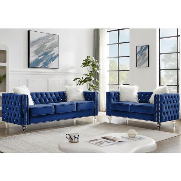 KINWELL 83 in. Square Arm Polyester Rectangle Sofa Set in Navy Blue ...