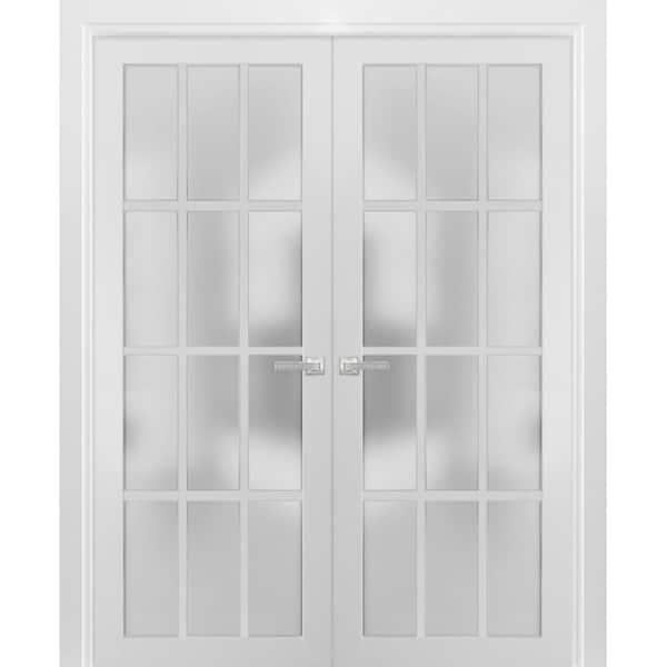 64 in. x 96 in. Universal Handling Frosted Glass Solid Core White Finished Pine Wood Double Prehung French Door