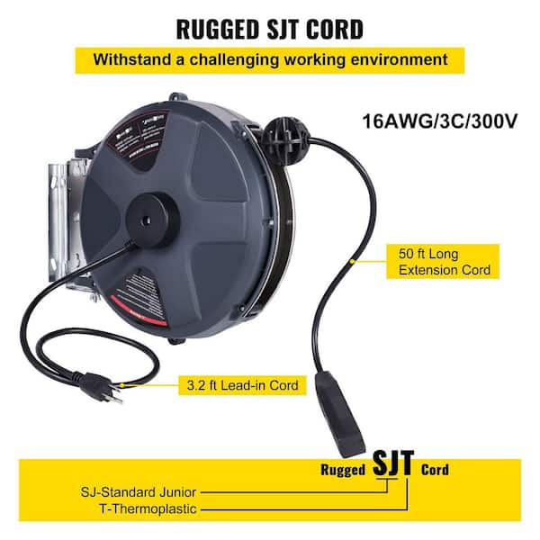 VEVOR Retractable Extension Cord Reel 50 ft. Plus 3.2 ft. 16AWG/3C