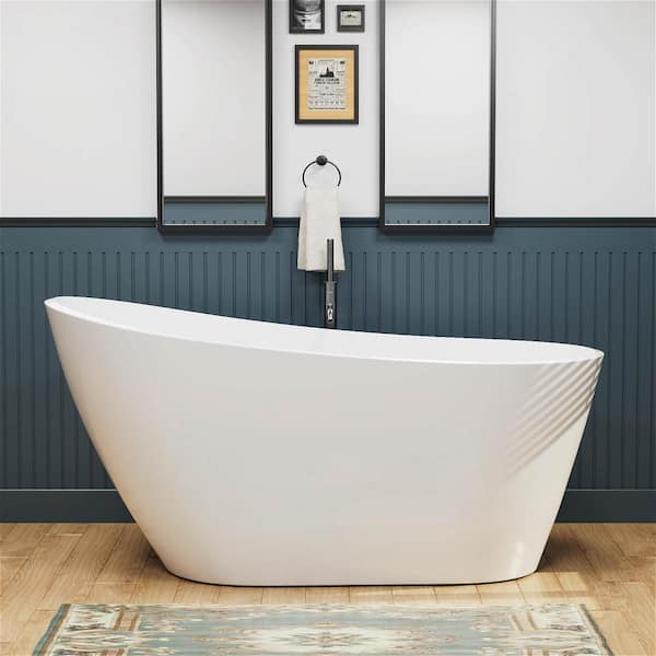 MYCASS 55 in. x 30 in. Acrylic Freestanding Soaking Flatbottom Bathtub Non-Whirlpool Single Slipper in White