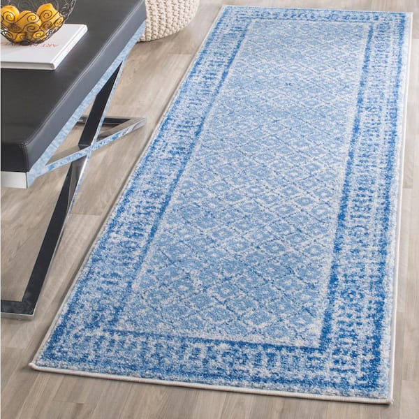 Adirondack Silver/Blue 3 ft. x 10 ft. Border Geometric Runner Rug