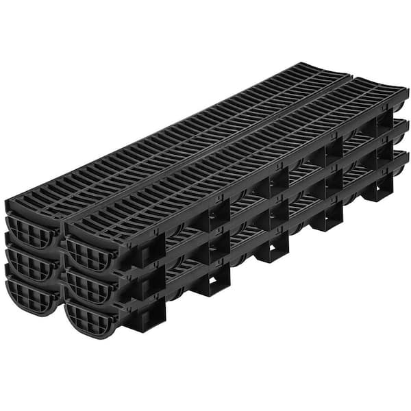 Trench Drain System, Channel Drain with Plastic Grate, 5.8 x 3.1-In. HDPE Drainage Trench, Black Drain, 6 Pack