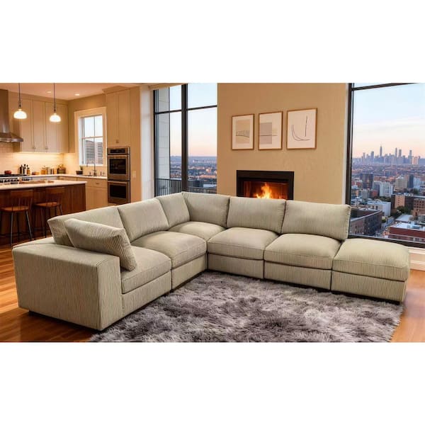 Liam Modern 122 in. Square Arm 6-Piece Corduroy Modular Sectional Sofa in Camel with Ottoman, Reversible