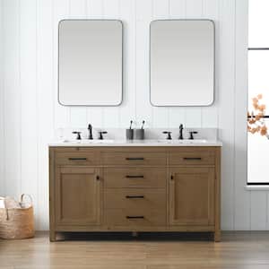 Jasper 60 in. W x 22 in. D Bath Vanity in Textured Natural with Engineered Stone Top in Carrara White with White Sinks