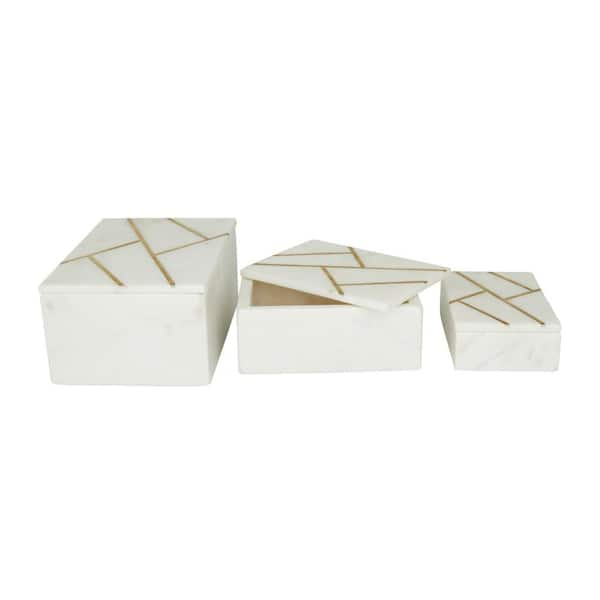 Litton Lane Rectangle Marble Box with Gold Linear Lines (Set of 3), Black