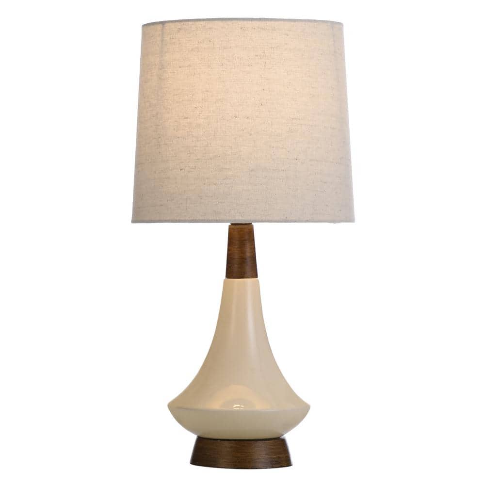 Cream Ceramic Table Lamp with Faux Wood Base and Oatmeal Shade