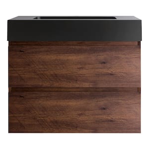 30 in. W x 18 in. D x 25 in. H Wall Mounted Bath Vanity in Walnut with Black Quartz Sand Top