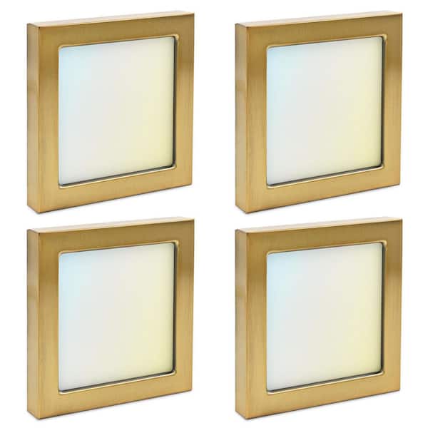 LUXRITE 4 in. Square Brass Modern Flush Mount Ceiling Light LED Integrated 10-Watt 600LM 5CCT 2700K-5000K Dimmable (4-Pack)