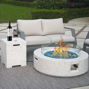 41 in. 50000 BTU Elegant White Round Composite GRFC Fire Pit Table with Glass Wind Guard and Water-Resistent Cover
