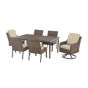 Windsor 7-Piece Brown Wicker Rectangular Outdoor Dining Set with CushionGuard Biscuit Tan Cushions