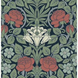 Midnight Blue and Sage Vintage Rose Vinyl Peel and Stick Wallpaper Roll (30.75 sq. ft.)