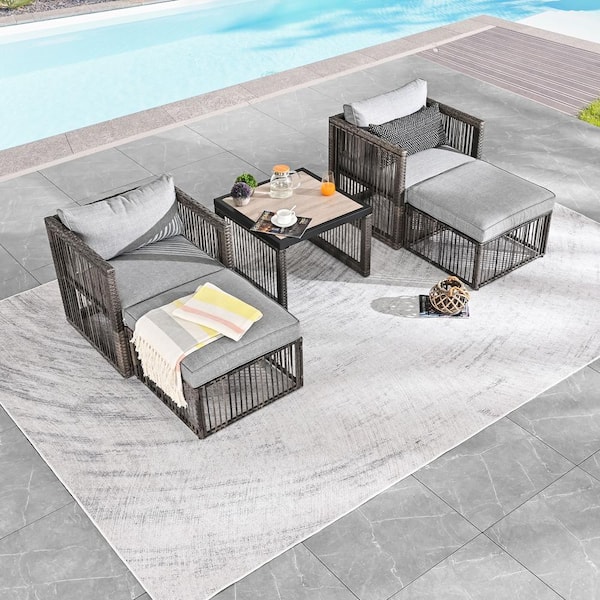 Patio Festival 5-Piece Wicker Patio Conversation Deep Seating Set with Gray Cushions
