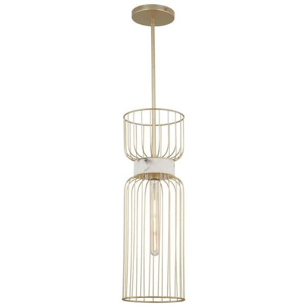 Minka Lavery Park Slope 60-Watt 1-Light Nouveau Gold Cage Mini Pendant Light with Faux Alabaster Ring and No Bulbs Included