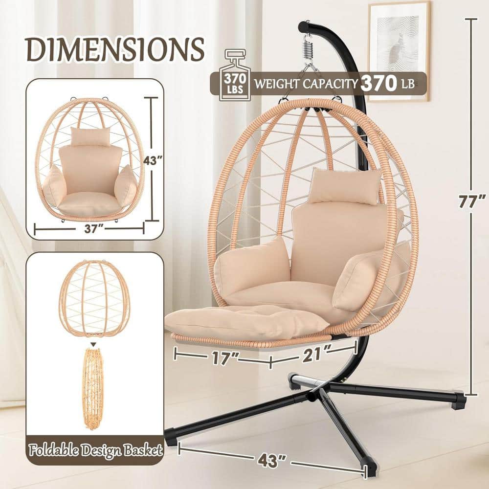 Brown Heated Hanging Egg Chair with Cushions and Black Steel Frame