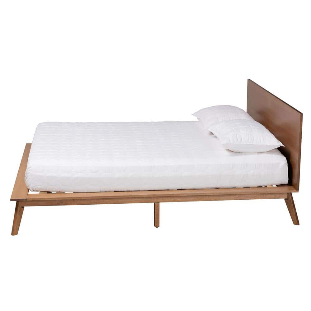 Walnut Brown Wood King Size Platform Bed with Upholstered Headboard