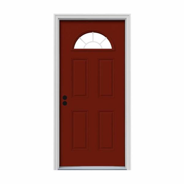 JELD-WEN 30 in. x 80 in. Fan Lite Mesa Red w/ White Interior Steel Prehung Right-Hand Inswing Front Door w/Brickmould
