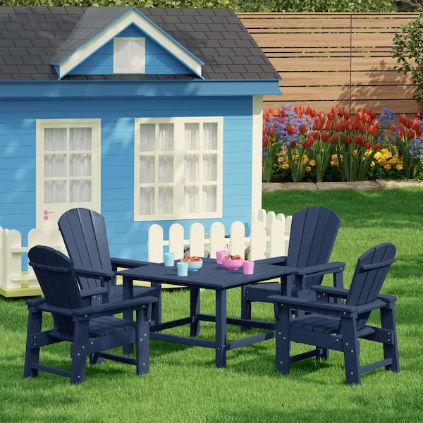 Children's Laguna Outdoor Patio All Weather Plastic 5-Piece Kids Adirondack Square Picnic Table Dining Set in Navy Blue