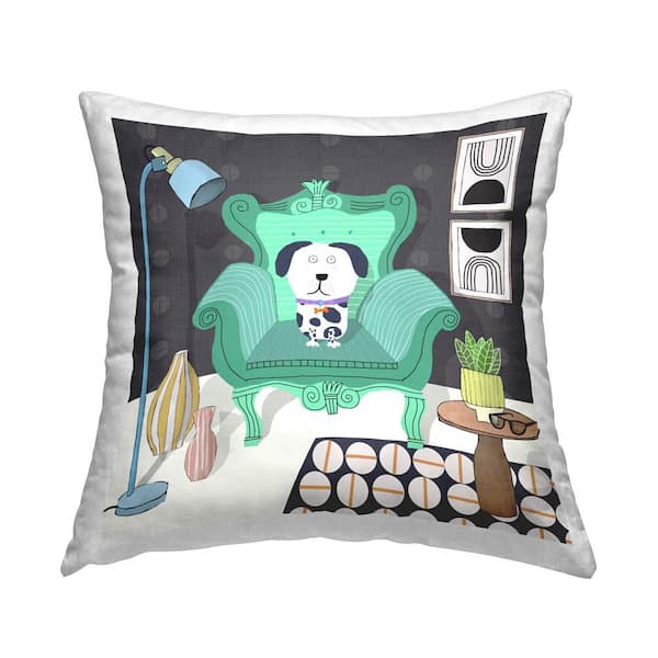 Dog in Modern Layout Green Print Polyester 18 in. x 18 in. Throw Pillow