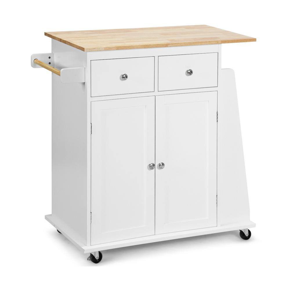 White Wood 34.5 in Rolling Kitchen Island Cart with 2-Door Storage Cabinet 