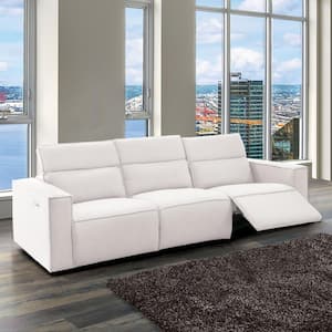 Leah 112 in. Straight Arm Polyester Fabric Boucle Rectangle Straight Power Reclining Sofa in White With USB Ports