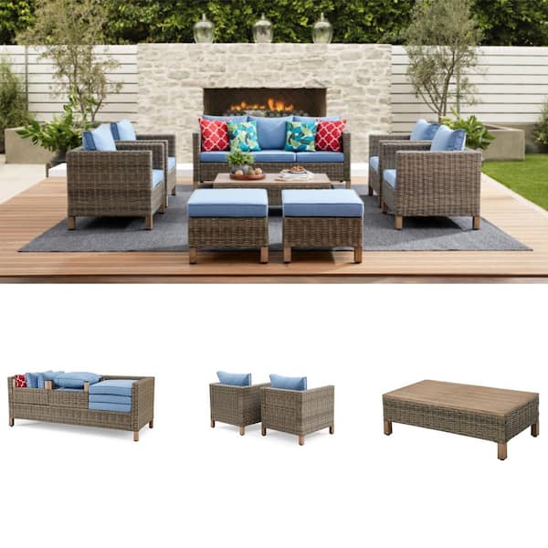 8-Piece Wicker Patio Conversation Set with Blue Cushions