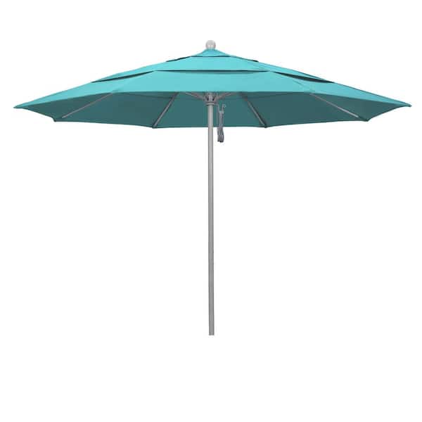 California Umbrella 11 ft. Gray Woodgrain Aluminum Commercial Market Patio Umbrella Fiberglass Ribs and Pulley Lift in Aruba Sunbrella