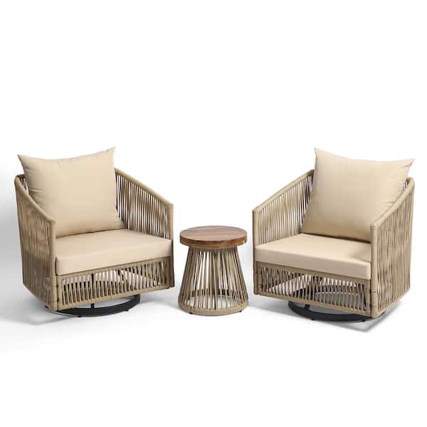 Khaki 3-Piece Metal Wicker Patio Conversation Set Outdoor Chairs and Coffee Table with Khaki Cushion