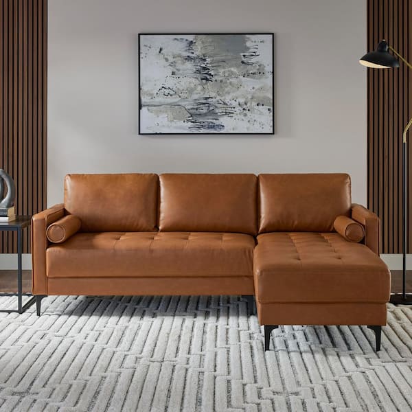 Goodwin 83.5 in Square Arm 2-Piece Faux Leather Sectional Sofa in Caramel Brown
