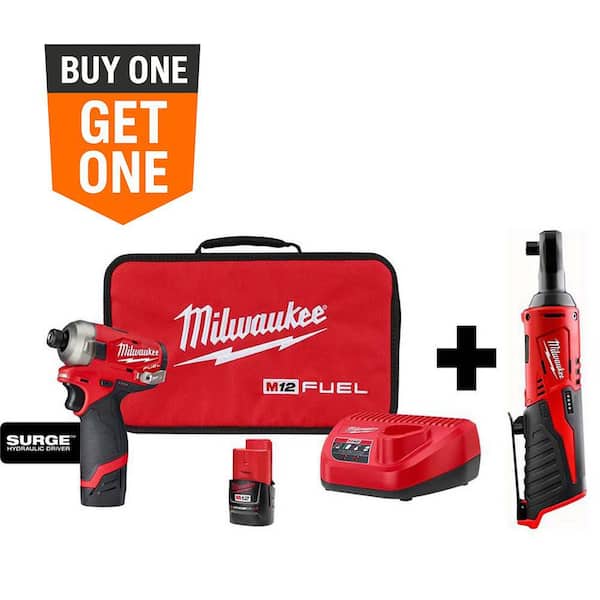 M12 FUEL SURGE 12V Lithium-Ion Brushless Cordless 1/4 in. Hex Impact Driver Compact Kit w/ M12 3/8 in. Ratchet