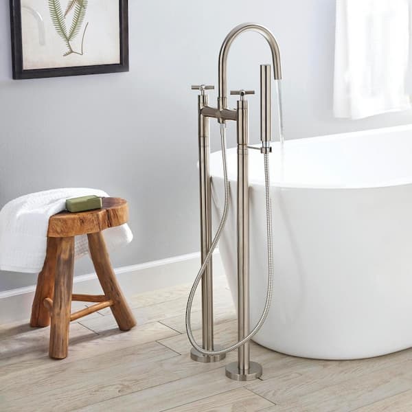 Danay 2-Pipe 2-Handle Freestanding Floor Mount Roman Tub Faucet with Handheld Handshower in Brushed Nickel