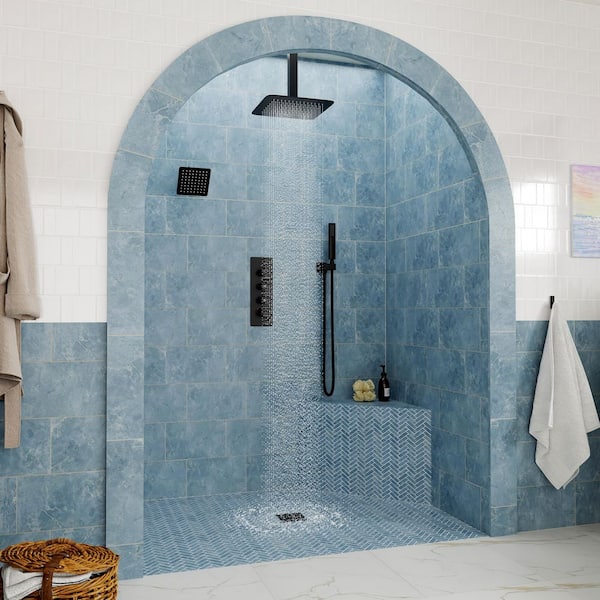 3-Spray 12 in. Ceiling Mount Rain Shower Faucet Dual Shower Head in Matte Black