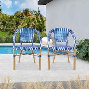 Wicker Bistro Chair French Hand-Woven Arm Chairs for Outdoor Patio Indoor Dining Chairs in Dark Blue (2-Pack)