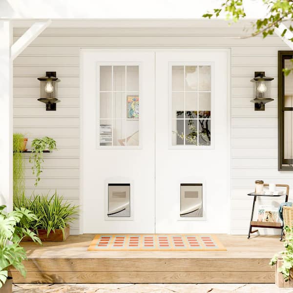 60 in. x 80 in. 9-Lite Clear Glass Front Door with Pet Door, Door Header, Legs (Pre-Installed Hinge) and Flush Bolts